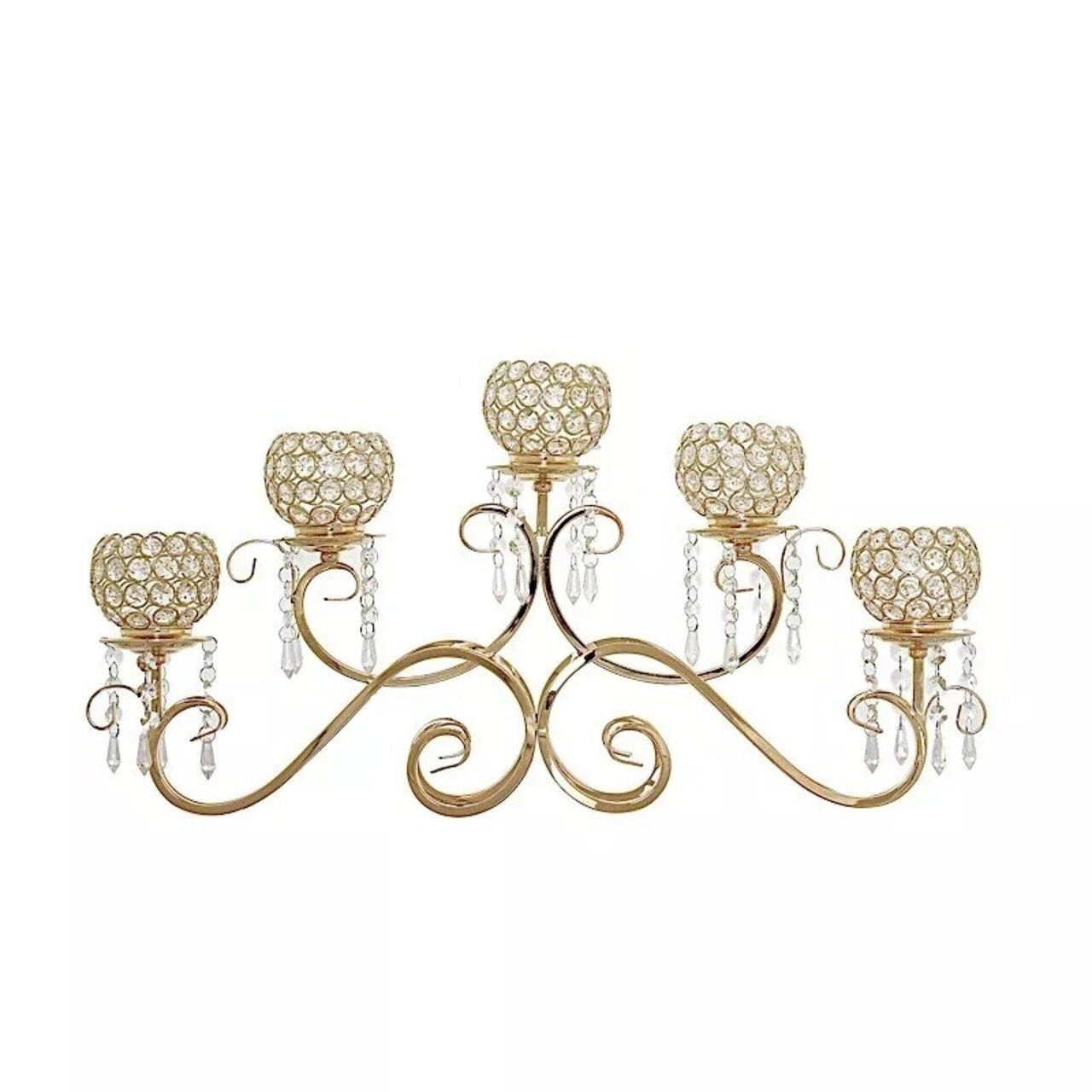 27" wide Gold Horizontal Candle Holder Crystal Beads Wedding Home Centerpiece